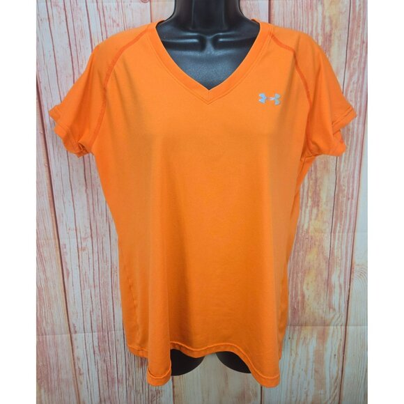 Under Armour Womens HeatGear T-Shirt Large Orange V-Neck Semi-Fitted - Picture 1 of 8
